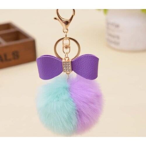 Cute Fur Pompom Keychain Artificial Rabbit Fur Rhinestone Key Chain Bow-knot Pompom Keychain Double Color Women Car Bag Key Ring