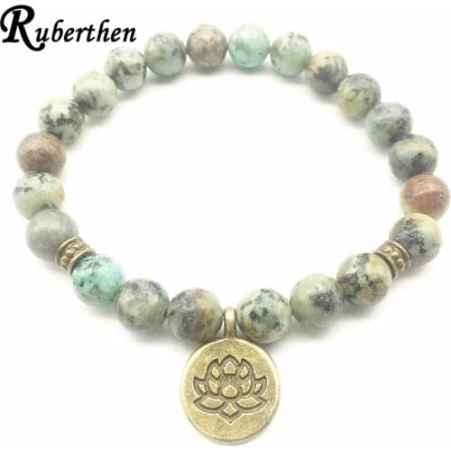 Ruberthen Bronze Lotus Yogi Bracelet Nature African Tuquoise Bracelet Men`s Balance Healing Energy Jewelry Drop Shipping