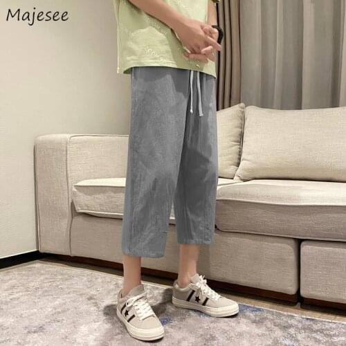 Linen Casual Pants Men Summer Plus Size M-3XL Straight Breathable Spliced Baggy Trousers Male Elastic Waist Fashion Calf-length