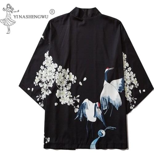 Kimono Crane Print Loose Couple Shirt Men Harajuku Japanese Anime Women Cardigan Blouse Summer Costume Samurai Japan Coat Yukata