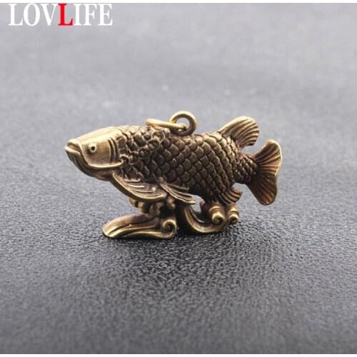 Vinatge Copper Animal Arowana Lucky Feng Shui Pendants Pure Brass Fish Figure Ornaments Men Car Key Chain Rings Hanging Jewelry