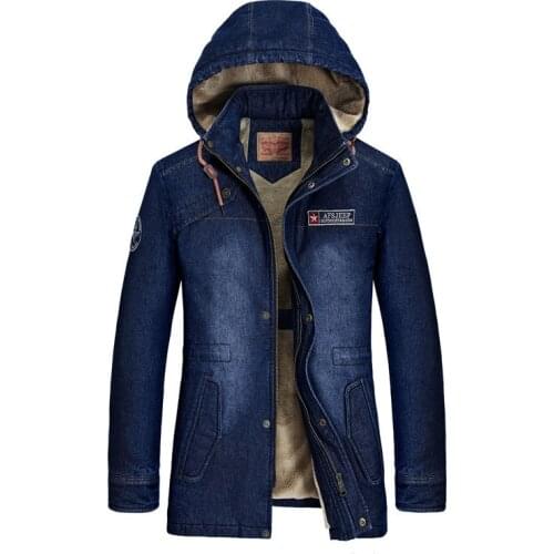 Mcikkny Fashion Men Winter Warm Denim Jackets Fleece Lined Thermal Outwear Tops For Male Parka Detachable Hat