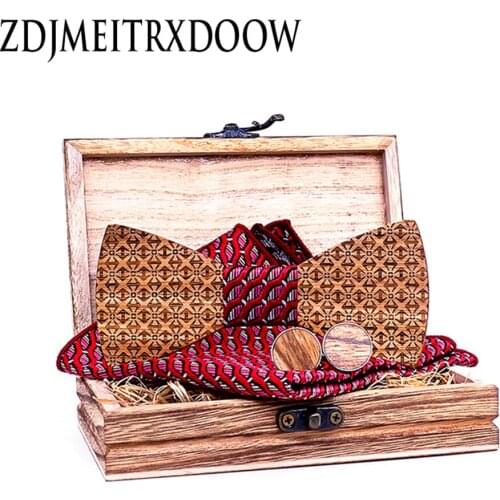 New 2020 Mens accessories Engraving arrow Bow tie set cufflinks Pocket square papillon handkerchief Wooden Box Set