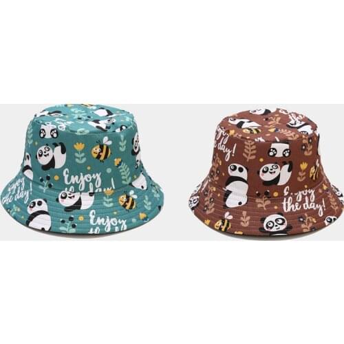 Summer Women Bucket Hat Fashion Cotton Beach Sun Panda Print Hats Reversible Bob chapeau Femme Panama Bucket Hat Fisherman Hat