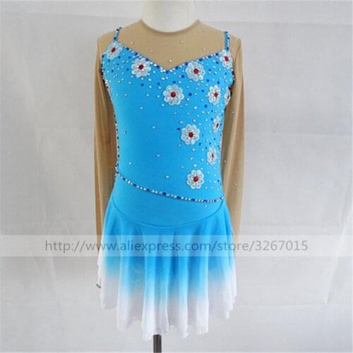 Figure Skating Dress Womens Girls' Ice Skating Dress High elastic spandex fabric Sky blue A gradient skirt Beautiful flowers