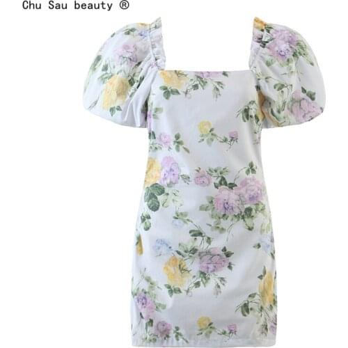 Vintage Puff Sleeve Purple Printed Dress 2021 Summer New Fashion Square Neck Lace Slim Mini Dress For W0omen Vestido De Mujer