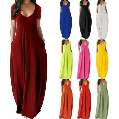Summer Women Casual Long Dress 11 Colors Solid Short Sleeve Maxi Dresses Fashion Pocket V-Neck Female Loose Dress Robe Vestidos