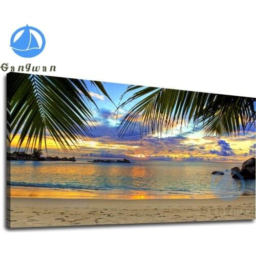 Tropical beach sunset palm leaves nature Diamond Painting Full Round Drill Diamond Embroidery Mosaic Kits large Home Decoration