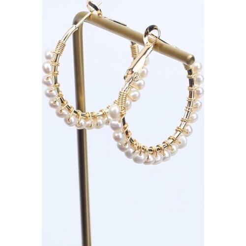 Free shipping jewelry yellow gold plated safe pin pure hand wrap freshwater natural real pearl loop earring for lady