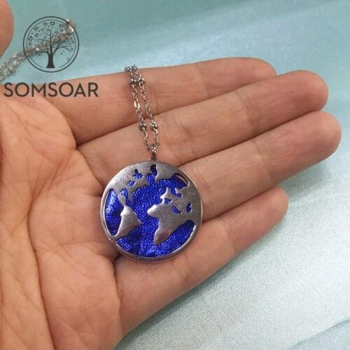 Somsoar Jewelry 2.5cm Leather World Map Pendant with Royalblue PU Leather Slice Stainless steel Necklace wholesale 10pcs/lot
