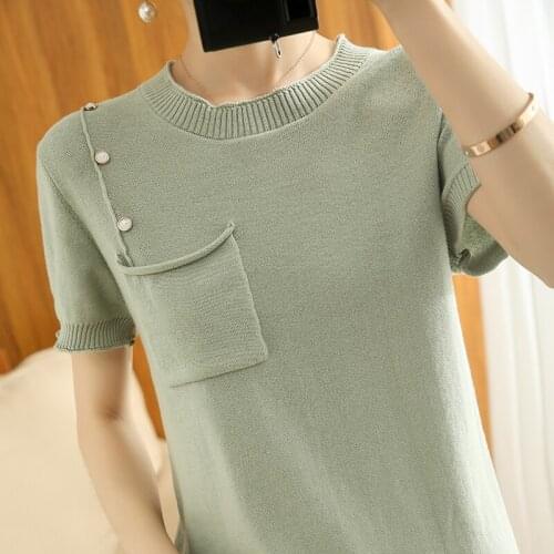 100% cotton womens blouse T-shirt short-sleeved knit pullover Slim fit O-neck ladies jacket sweater new products ATTYYWS Brand