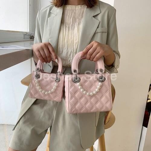 New Fashion Pearl Women Small Handbag Square Chain Plaid Mother and Tote Bag Female Brand Design Shoulder crossbody Bag