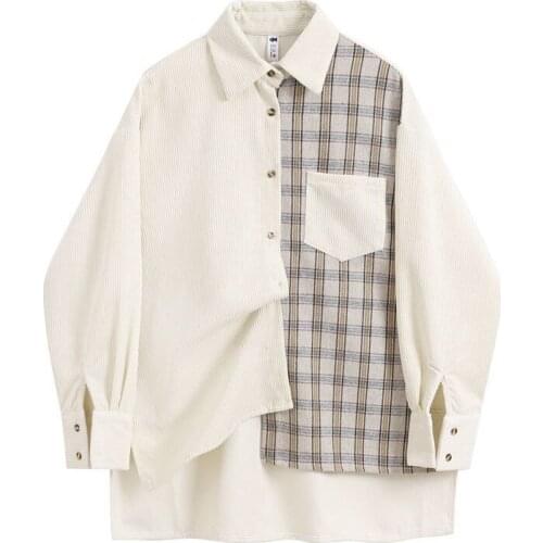 2021 New Spring Women blouses Korean Fashion style Simply Corduroy Long sleeve Tops Patchwork plaid Loose Casual female blouses