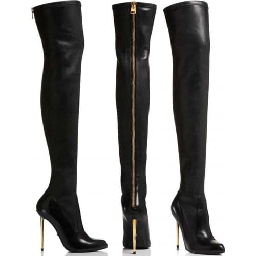 Winter New Leather / Suede Sexy Women Over the Knee Boots Metallic Thin High Heels Back Zipper Women Boots Black Botas Shoes