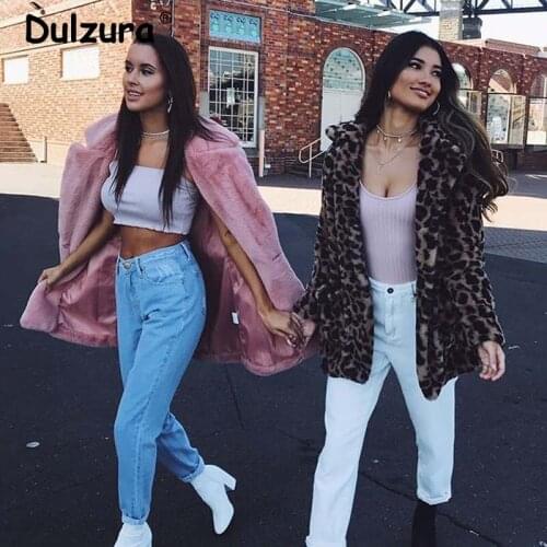 Women Winter Classic Leopard Jackets Coat Fashion Faux Rabbit Fur Long Streetwear Casual Turn-down Collar Soft Overcoat Plush