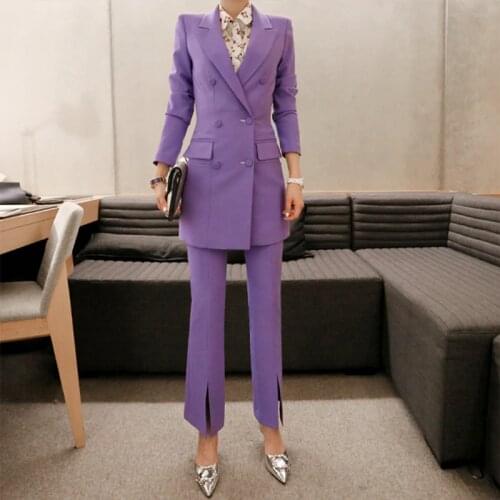 Womens Pants Suits Business long Suits Blazer Jacket Double Breasted Female Office Lady Formal pant suits purple 2 Piece Set