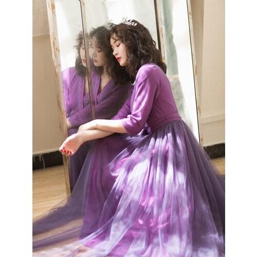 Design Spring Original Women Korean Elegant Slim Vintage Sexy V-Neck Big Swing Purple Long Mesh Dresses