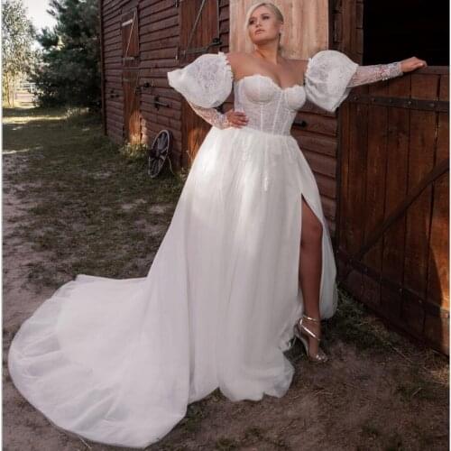 Plus Size Wedding Dresses with Detachable Long Sleeves A Line Lace Appliques Bohemian Bridal Gowns High Split Vestido De Noiva