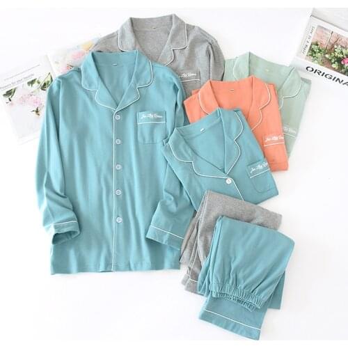 2021 new spring and autumn couple solid color pure cotton home service suit mens simple plus size lapel pajamas suit ladies