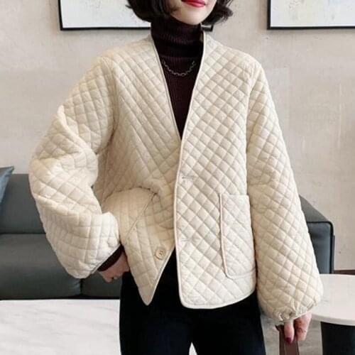 2021 Women Winter Solid Elegant Cottton-padded Coats Female Office Lady Rhombus Patter Short Coats Lady Korean Jackets