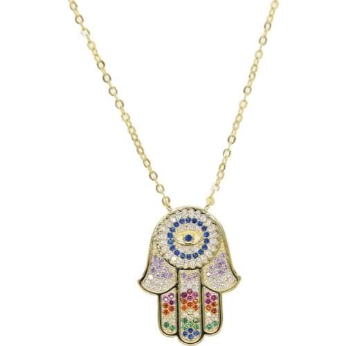 2021 Multi charm color rainbow cz lucky Turkish evil eye jewelry women Charm Dainty Simple hamsa hand fatimas necklace
