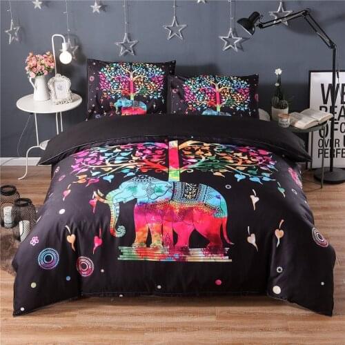 3d Black Bedding Set Colorful Bohemian Print Duvet Cover and Pillowcase Indian Elephant Exotic Bedclothes Black/blue Multi Sizes