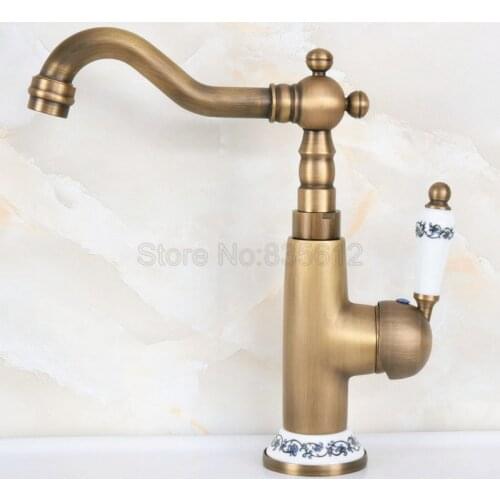 Antique Brass Swivel Spout Kitchen & Bathroom Faucet Wash Basin Mixer Sink Taps Single Handle Single Hole Faucets Wnf605