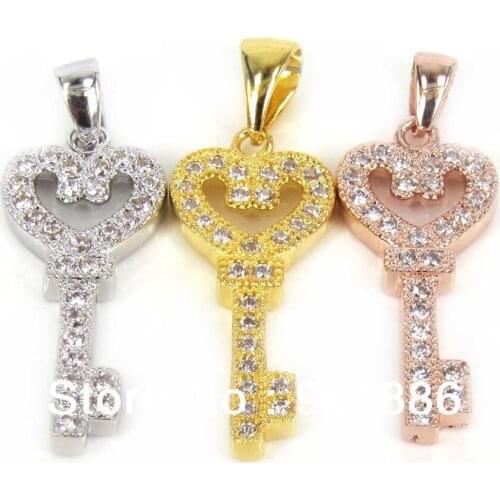 Free Shipping New Charm Micro Pave Zircon Stone Key Pendant Beads Finding Fit For Fashion Women Wedding Necklace Jewelry Making