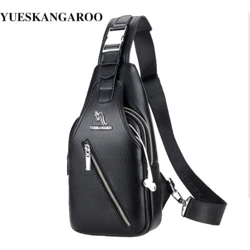 YUES KANGAROO Brand Men Chest Bag Single Messenger Bags Leather Travel Crossbody Casual Double Zipper Chest Pack Sling Bag
