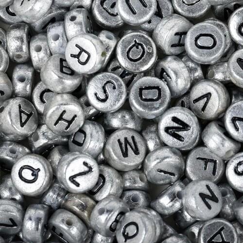 100 Alphabet Silver Color Flat Round Acrylic Beads, Letter Beads, Letter Spacer Beads 7mm