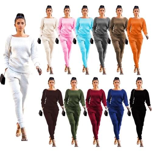 FNOCE 2020 autumn womens sets fashion trends urban leisure solid long sleeve o-neck tops tight trousers stretch Fabric 2-pc set