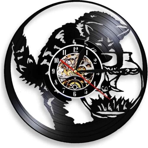 Kitty on Goldfish Bowl LED Vintage Vinyl Record Wall Art Clock Fish and Cat Wall Lamp Watch Non-Ticking Home Decor Modern Design