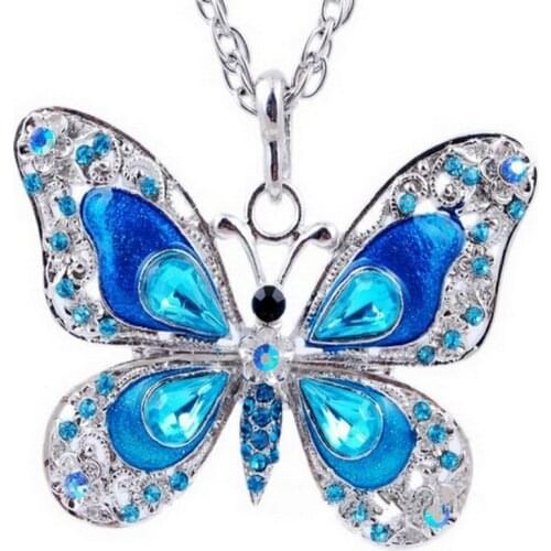 Exquisite Blue Crystal Butterfly Necklace Pendant Jewelry Accessories Popular Enamel Crystal Butterfly Long Chain Women Jewelry