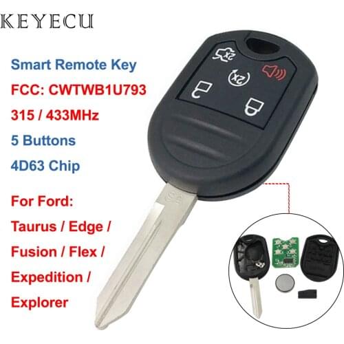 Keyecu 5 Buttons Remote Car Key Fob 315/ 433MHz 4D63 for Ford Explorer Expedition Taurus Edge Fusion Flex - CWTWB1U793