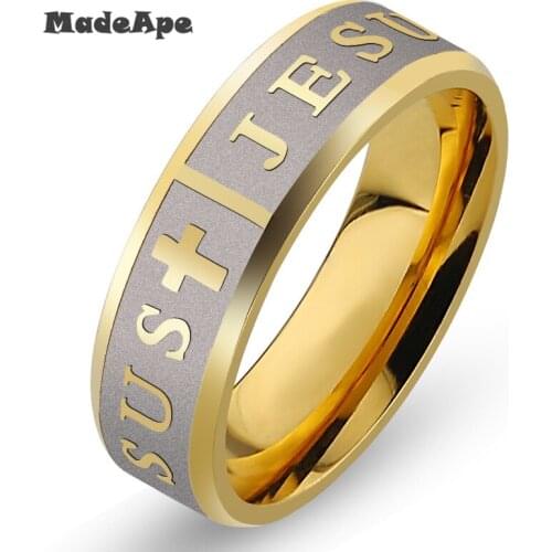 MadApe Classic Jesus Ring Stainless Steel Cross Ring Gold Color Women Wedding Rings For Womne Men Prayer Ring