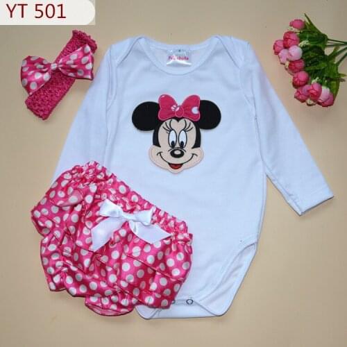 Birthday girl cartoon Mickey rompers dot ruffle bloomers and bow hair band 3 piece set baby clothing newborn christmas suit