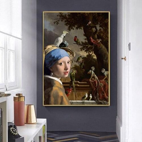 Creative Design Canvas Art Wall Oil Painting Monkey and The Girl with Pearl Earring Posters Prints Portrait Painting Home Decor