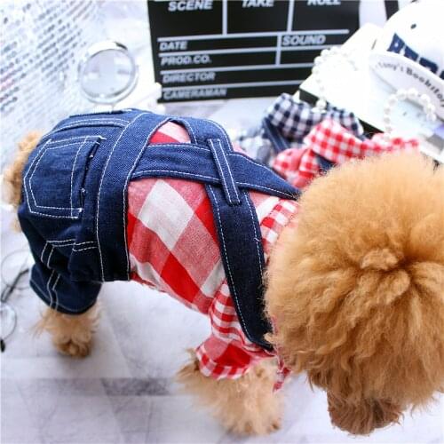 Cute Plaid Printing Dog Clothes Denim Jumpsuit Overalls Puppy Small Dog Costumes Yorkshire Pomeranian Poodle Schnauzer Clothing