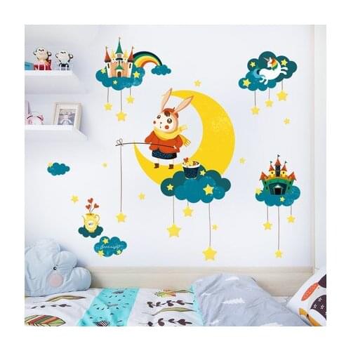 Cartoon Moon Wall Stickers Kids Room Decoration Baby Bedroom Decor Cute Rabbit Kindergarten Classroom Home Decor Wall Pictures