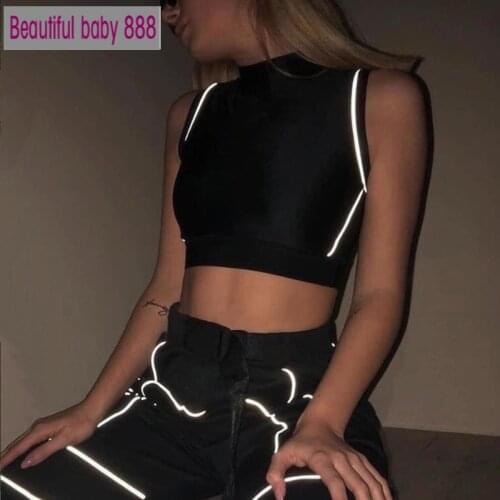 2019 new fashion Casual Active Wear ladies Street sports leisure tees summer Reflective black sleeveless crop top women tshirt