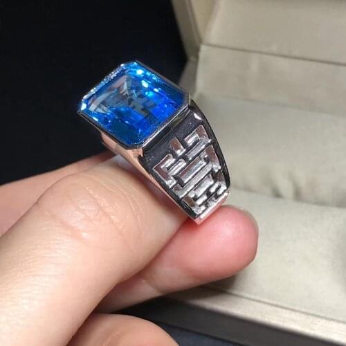 New big size man ring strong muscular power blue topaz ring silver jewelry real 925 silver natural topaz good color husband gift
