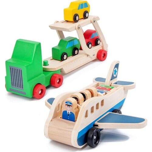 New Wooden Double-Decker Truck Airplane Transport Kit Simulation Model Toys Kids Wooden Educational Toy Gifts For Children