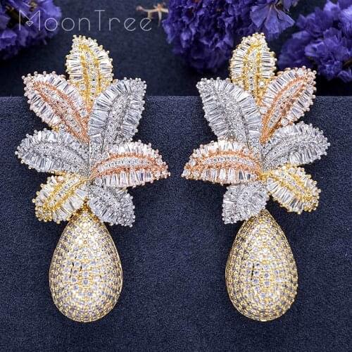 MoonTree 68mm Luxury Leaf Pineapple Flower Full Micro Cubic Zirconia Paved Wedding Party Earring Fashion Jewelry for Women