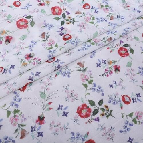 1 Meter Small Red Floral White Cotton Silk Fabric Shirt Silk Scarf Dress Telas