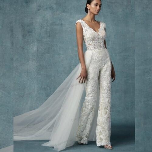 Wedding Jumpsuit With Detachable Train Bride Pants Suit V Neck Lace Appliqued Sleeveless Women Brides Outfits Backless Custom
