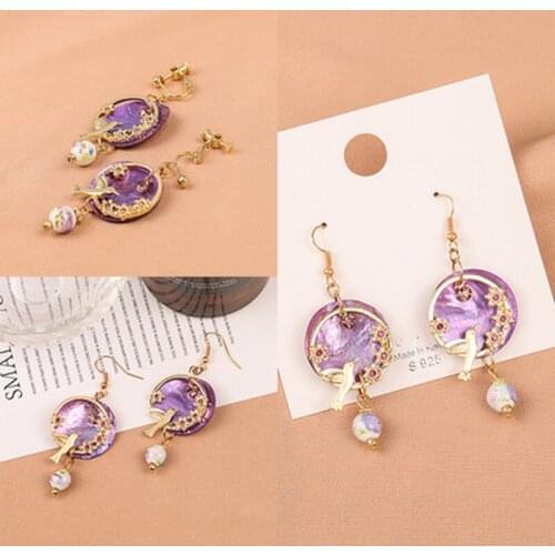 Vintage Purple Shell Beads Earrings Gold Color Round Circel Flower Birds Clip Earrings No Pierced Ear Clip For Lady Women Dating