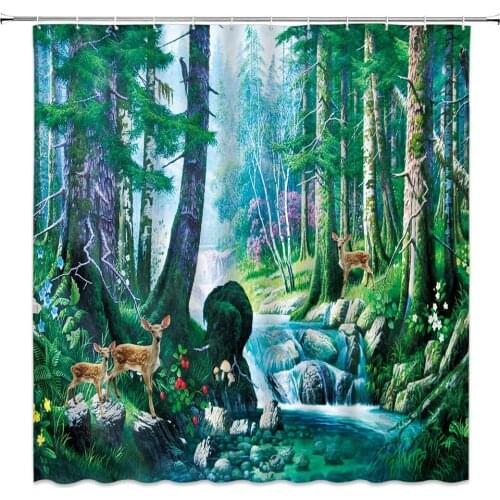 Forest Scenery Shower Curtains Green Floral Plant Tree Cute Deer River View Pattern Print Bathroom Decor Polyester Cloth Curtain