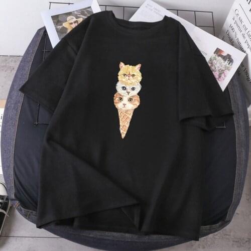 Woman High Quality T-shirts Ice Cream Cats High Quality Fashion New Female Short Sleeve O-neck 2021 Lady Clothes Streewear Retro