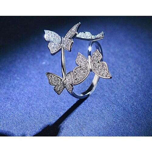 Luxury Butterfly Open Adjustable Rings For Women Full Crystal Wedding Rings Rose Gold Fashion Finger Ring Female Engagement Ring