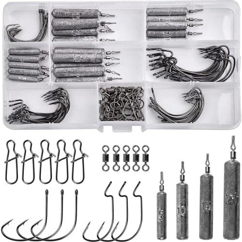 100Pcs/Box Fishing Weights Sinker Kit Including Drop Shot Sinker Worm Offset Hook Rolling Swivel Snap Fishing Tackle Accessories